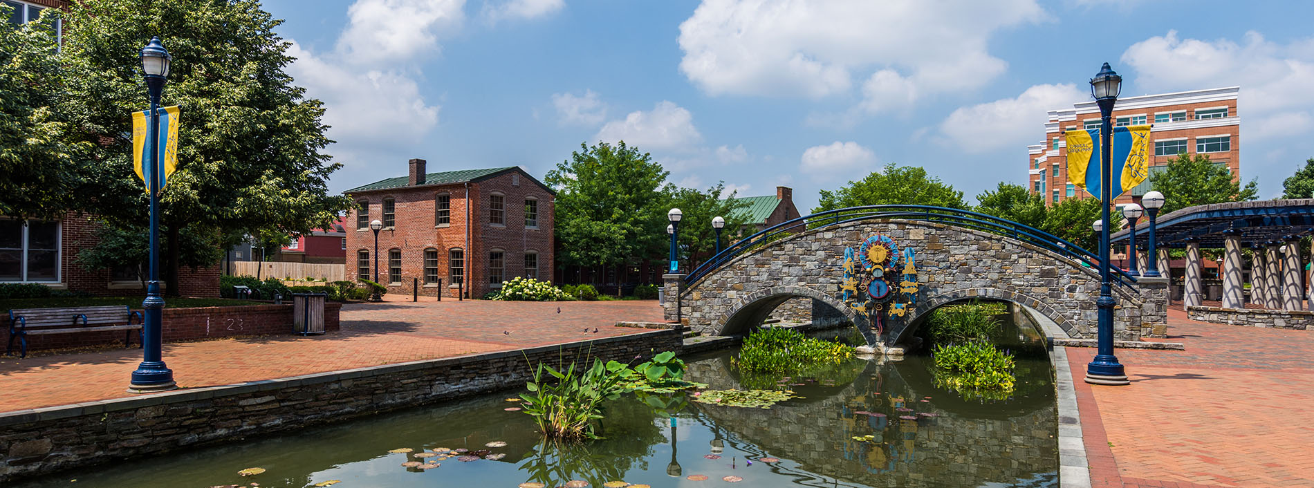 The image shows a serene park scene with a pond, a small bridge, and various greenery, under a clear blue sky.
