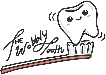 The image features a cartoon illustration of a toothbrush with a face, holding a cup of water with a spoon inside, accompanied by text that reads 'The Wobbly Tooth.