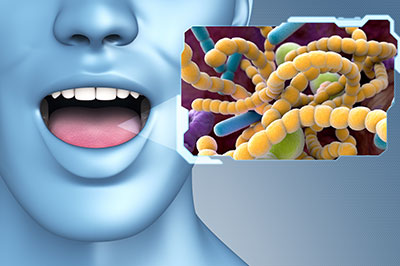 The image features a 3D rendering of a human head with an open mouth, displaying a close-up view of bacteria, which appears to be a scientific illustration related to biology or health education.