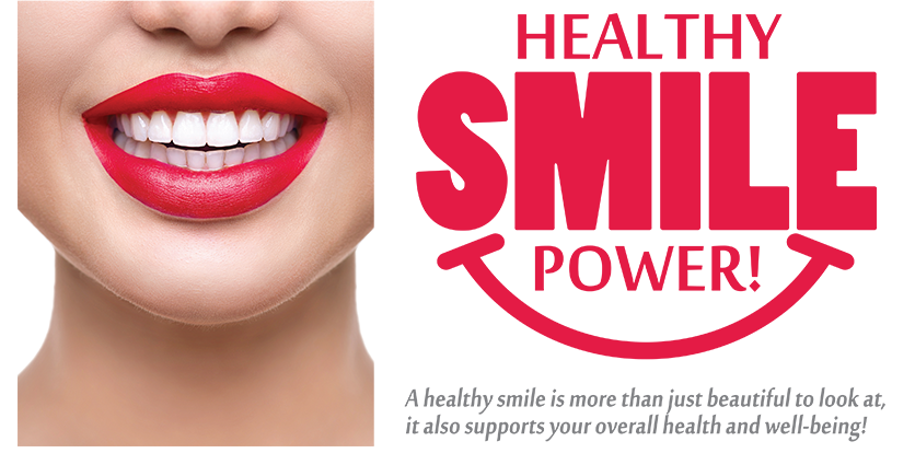 The image features a close-up of a person s face with red lipstick applied, against a white background. The text overlay reads  HEALTHY SMILE POWER  in bold, capitalized letters.