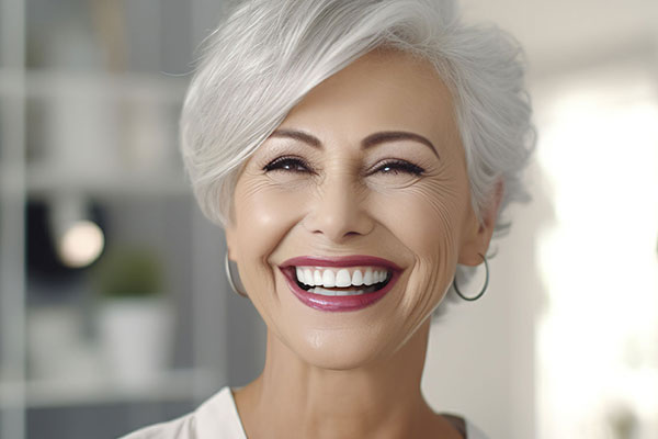 Smiling woman with white hair and red lipstick, wearing a black top.